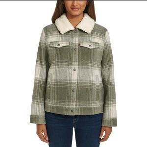 LEVI'S Women's Trucker Fleece Zip Button Up Jacket Coat Green White Size Medium